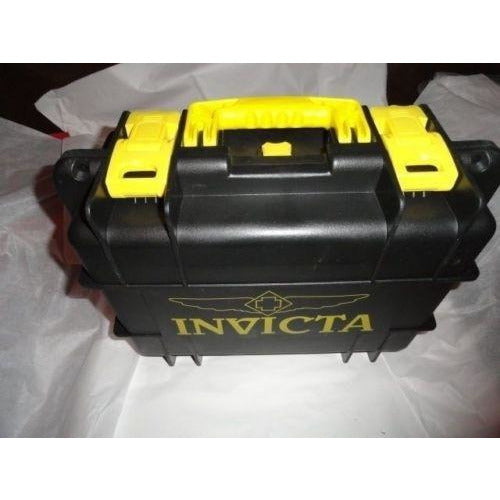Invicta watch carrying case in grey with yellow handles holds 8 watches