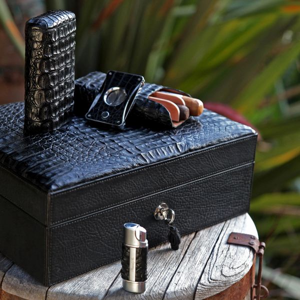 Brizard and Co. The "Show Band" 3 Cigar Case - Black Caiman Crocodile