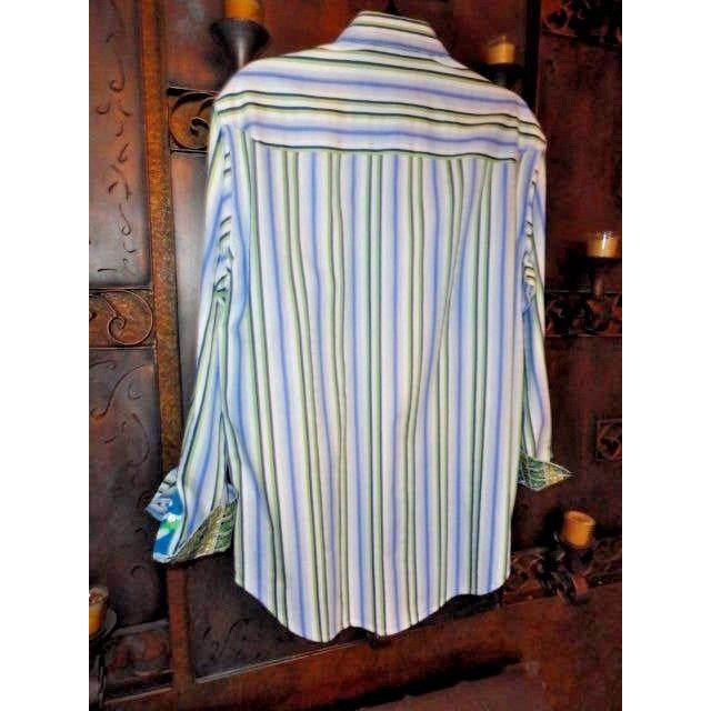 Robert Graham Classic Fit Blue Green Stripe Contrast Cuff Shirt — Medium