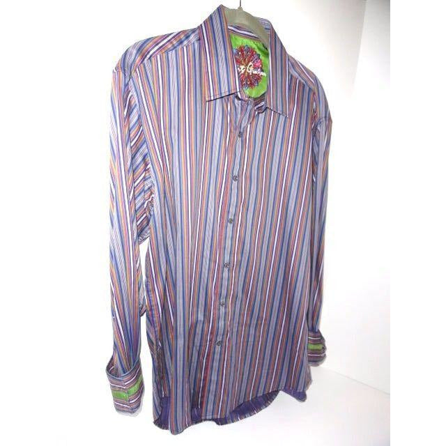 Robert Graham Slate Blue Multicolor Satin Stripe Shirt — Medium