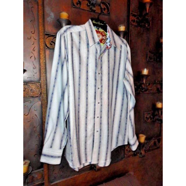 Robert Graham White Blue Fleur-de-Lis Stripe Shirt — Medium