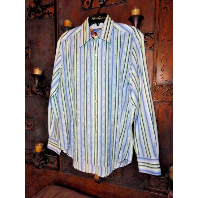 Robert Graham Classic Fit Blue Green Stripe Contrast Cuff Shirt — Medium