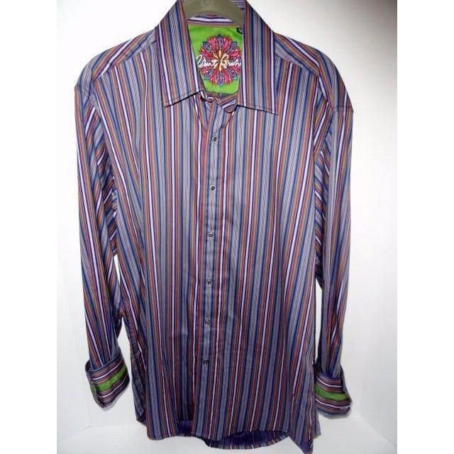 Robert Graham Slate Blue Multicolor Satin Stripe Shirt — Medium