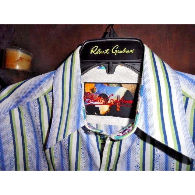 Robert Graham Classic Fit Blue Green Stripe Contrast Cuff Shirt — Medium