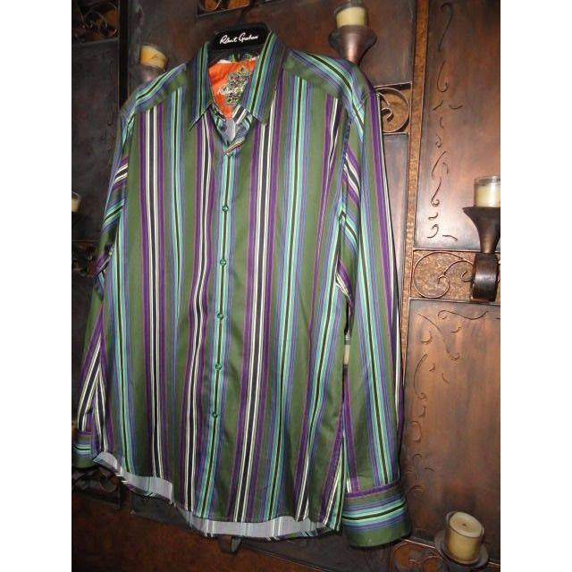 Robert Graham Olive Multicolor Bold Stripe Shirt — Medium