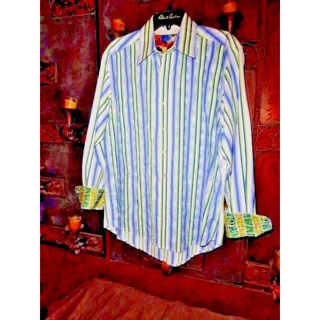 Robert Graham Classic Fit Blue Green Stripe Contrast Cuff Shirt — Medium