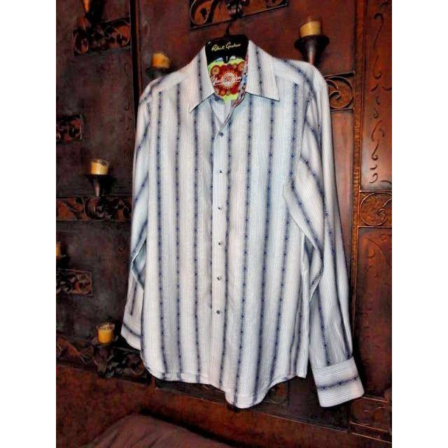 Robert Graham White Blue Fleur-de-Lis Stripe Shirt — Medium