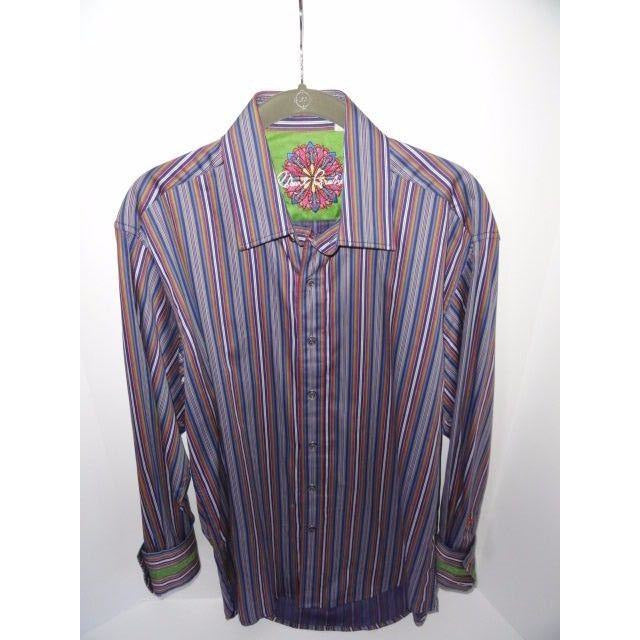 Robert Graham Slate Blue Multicolor Satin Stripe Shirt — Medium
