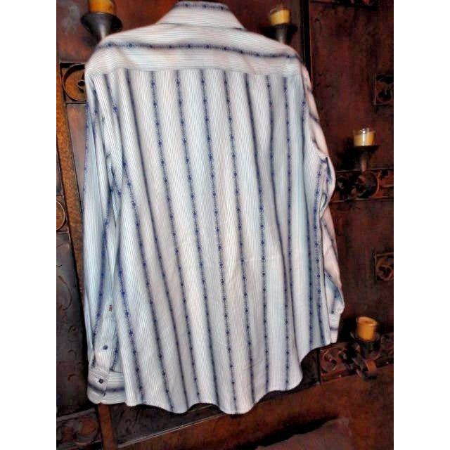 Robert Graham White Blue Grey Fine Stripe Diamond Motif Shirt — Medium