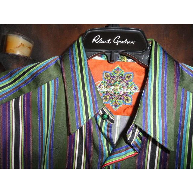 Robert Graham Olive Multicolor Bold Stripe Shirt — Medium
