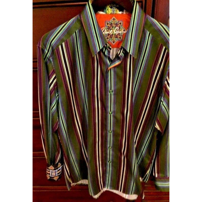 Robert Graham Olive Multicolor Bold Stripe Shirt — Medium