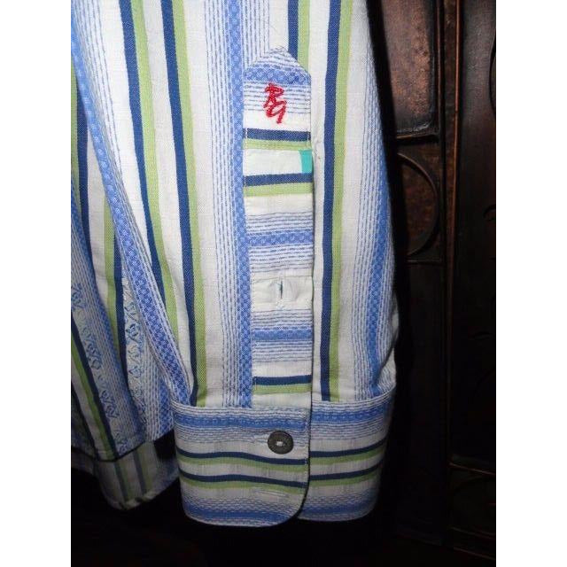 Robert Graham Classic Fit Blue Green Stripe Contrast Cuff Shirt — Medium