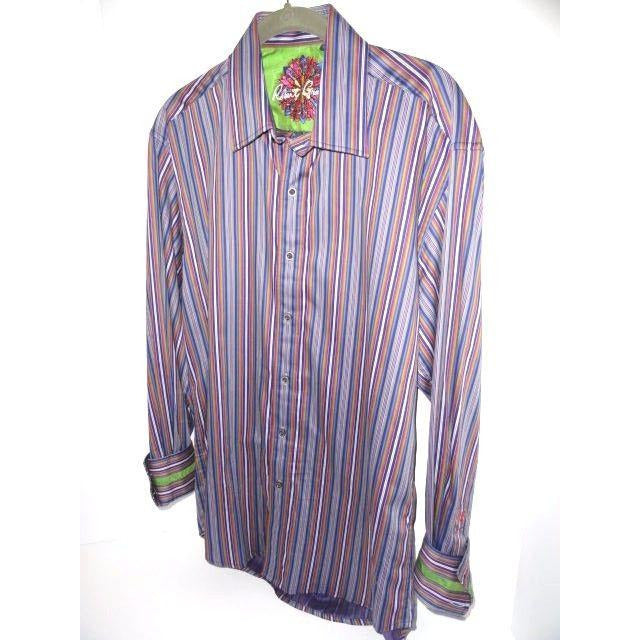 Robert Graham Slate Blue Multicolor Satin Stripe Shirt — Medium