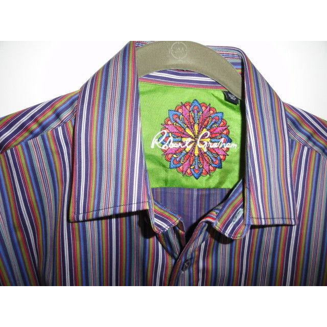 Robert Graham Slate Blue Multicolor Satin Stripe Shirt — Medium