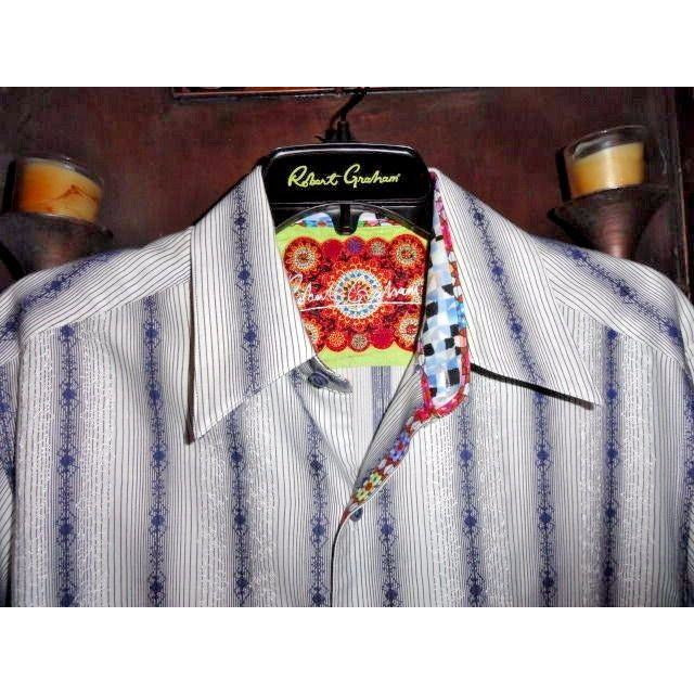 Robert Graham White Blue Grey Fine Stripe Diamond Motif Shirt — Medium
