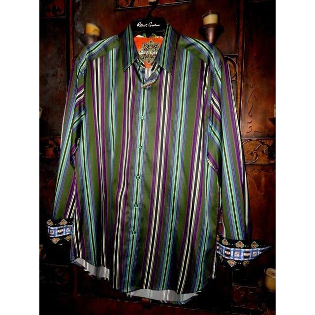 Robert Graham Olive Multicolor Bold Stripe Shirt — Medium