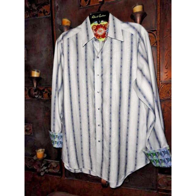 Robert Graham White Blue Fleur-de-Lis Stripe Shirt — Medium