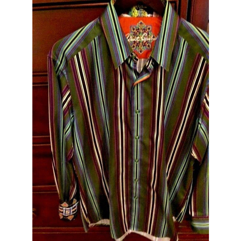 Robert Graham Olive Multicolor Bold Stripe Shirt — Medium