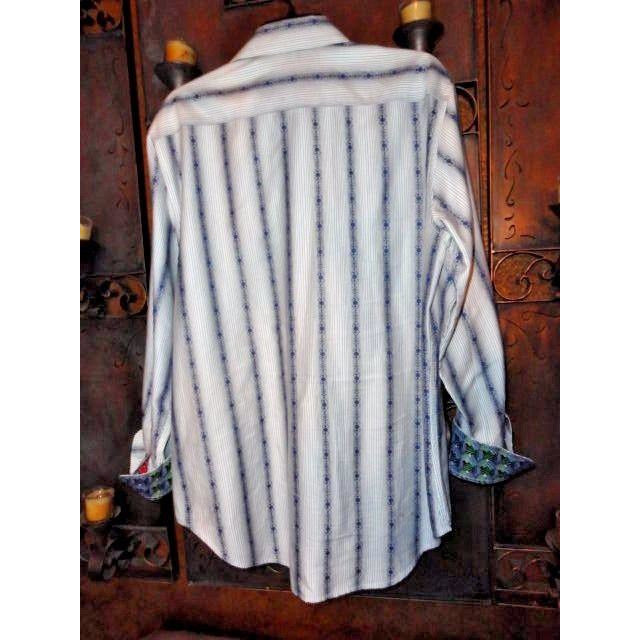 Robert Graham White Blue Fleur-de-Lis Stripe Shirt — Medium