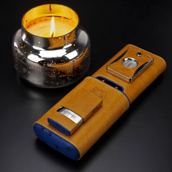 Brizard and Co. The "Show Band" 3 Cigar Case - Blue Ostrich and Camel Color Leather