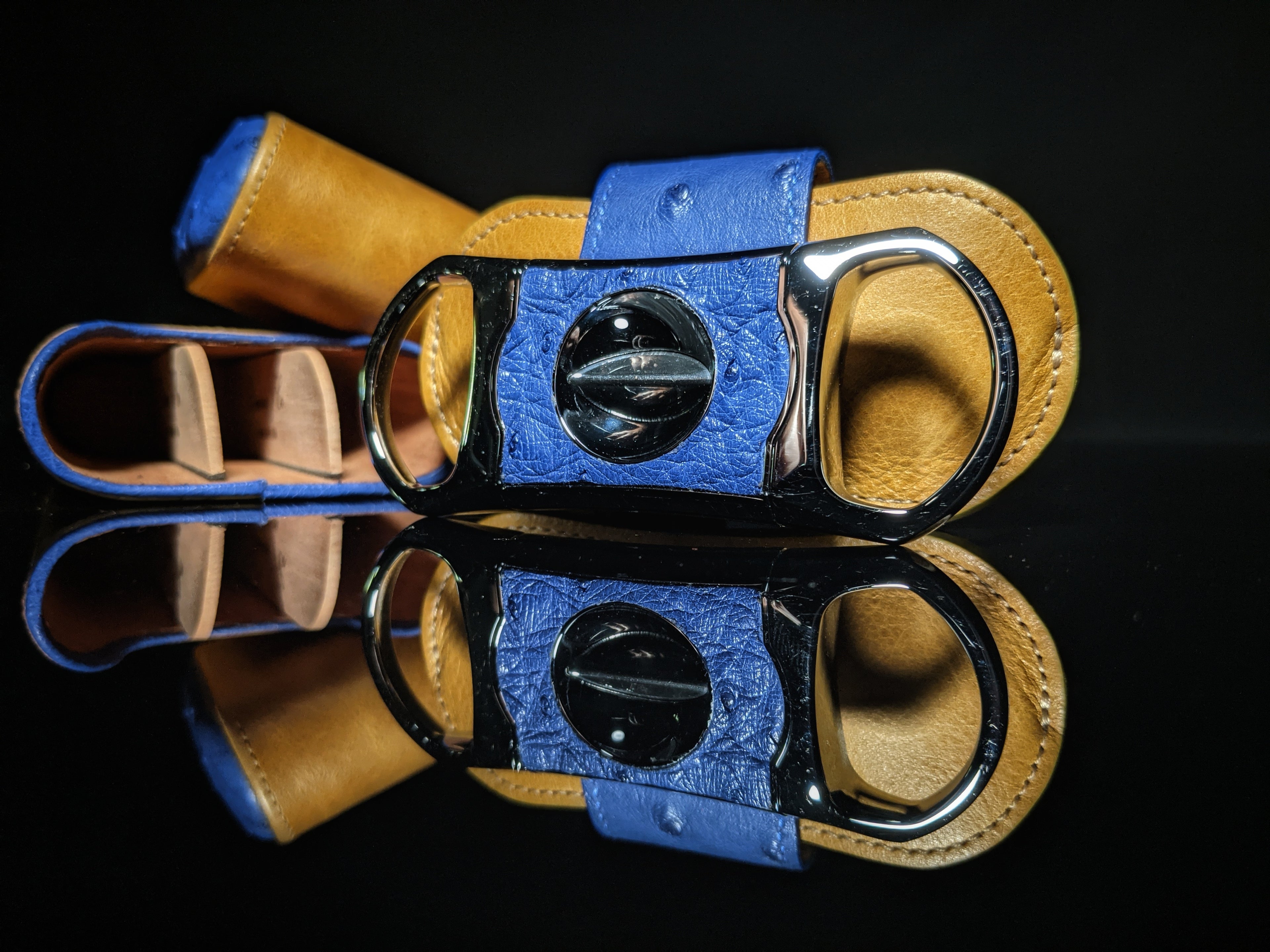Brizard and Co Blue Ostrich and Camel Color Leather Case and V-Cutter