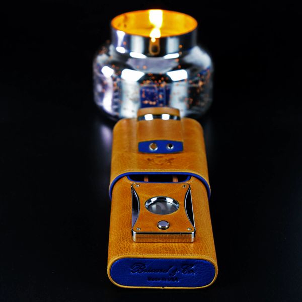 Brizard and Co. The "Show Band" 3 Cigar Case - Blue Ostrich and Camel Color Leather