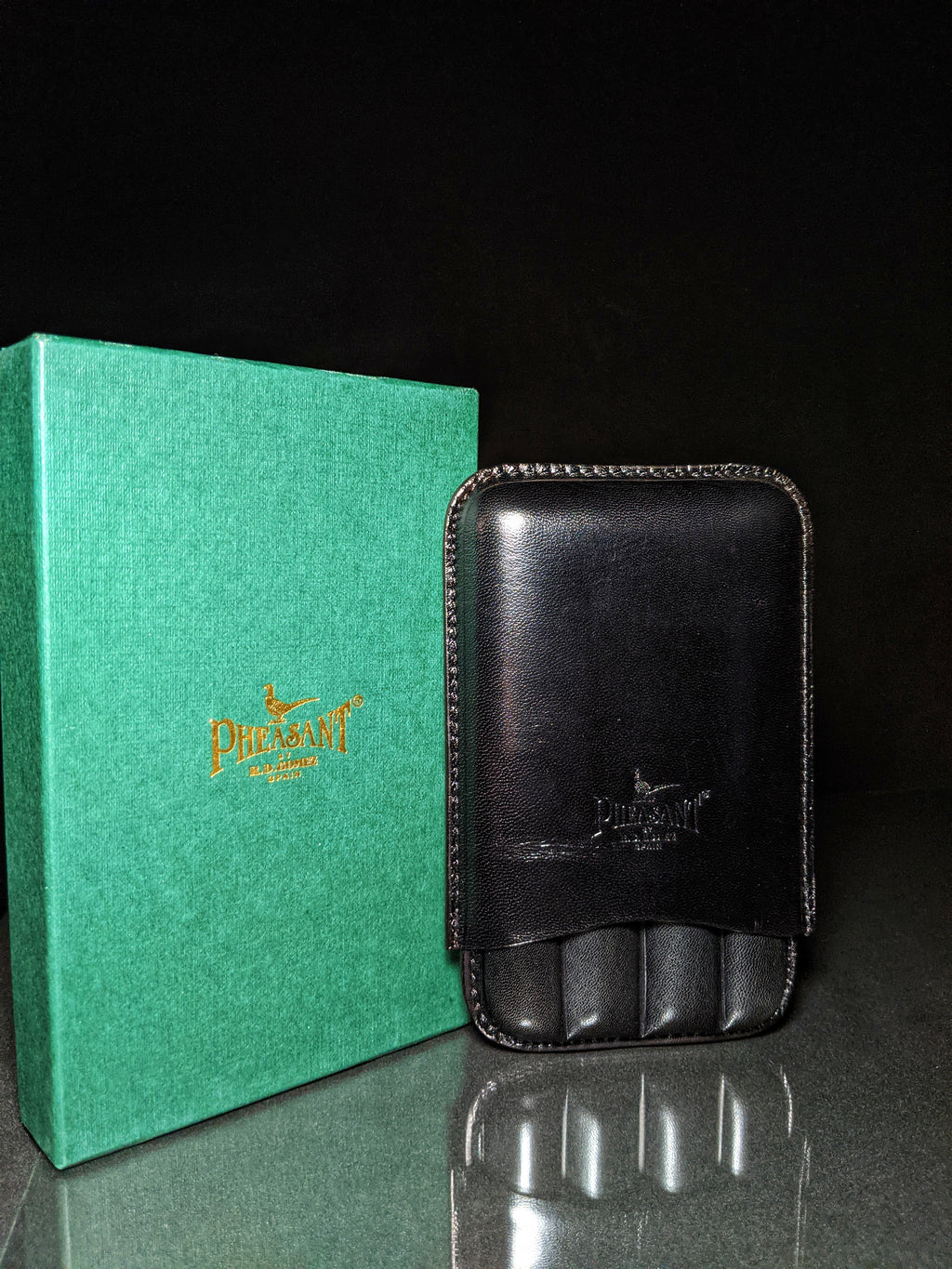 Pheasant Black Cabra Leather Cigar Holder Case