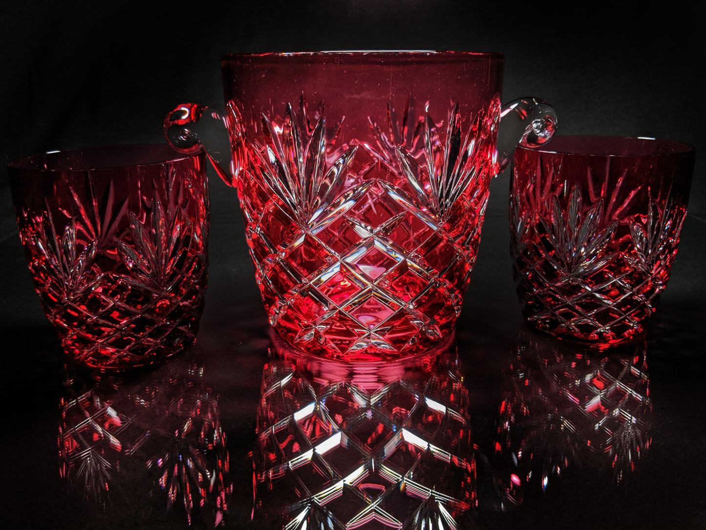 Faberge Odessa  Red Crystal Ice Bucket and Highball Glasses