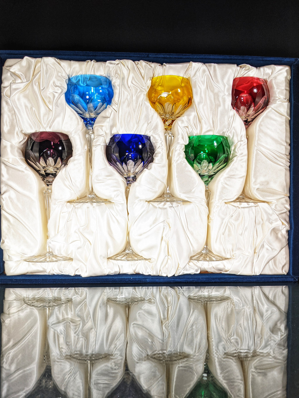 Faberge Colored Crystal Lausanne Hock Glasses. 8 1/2" H x 3 1/4" W