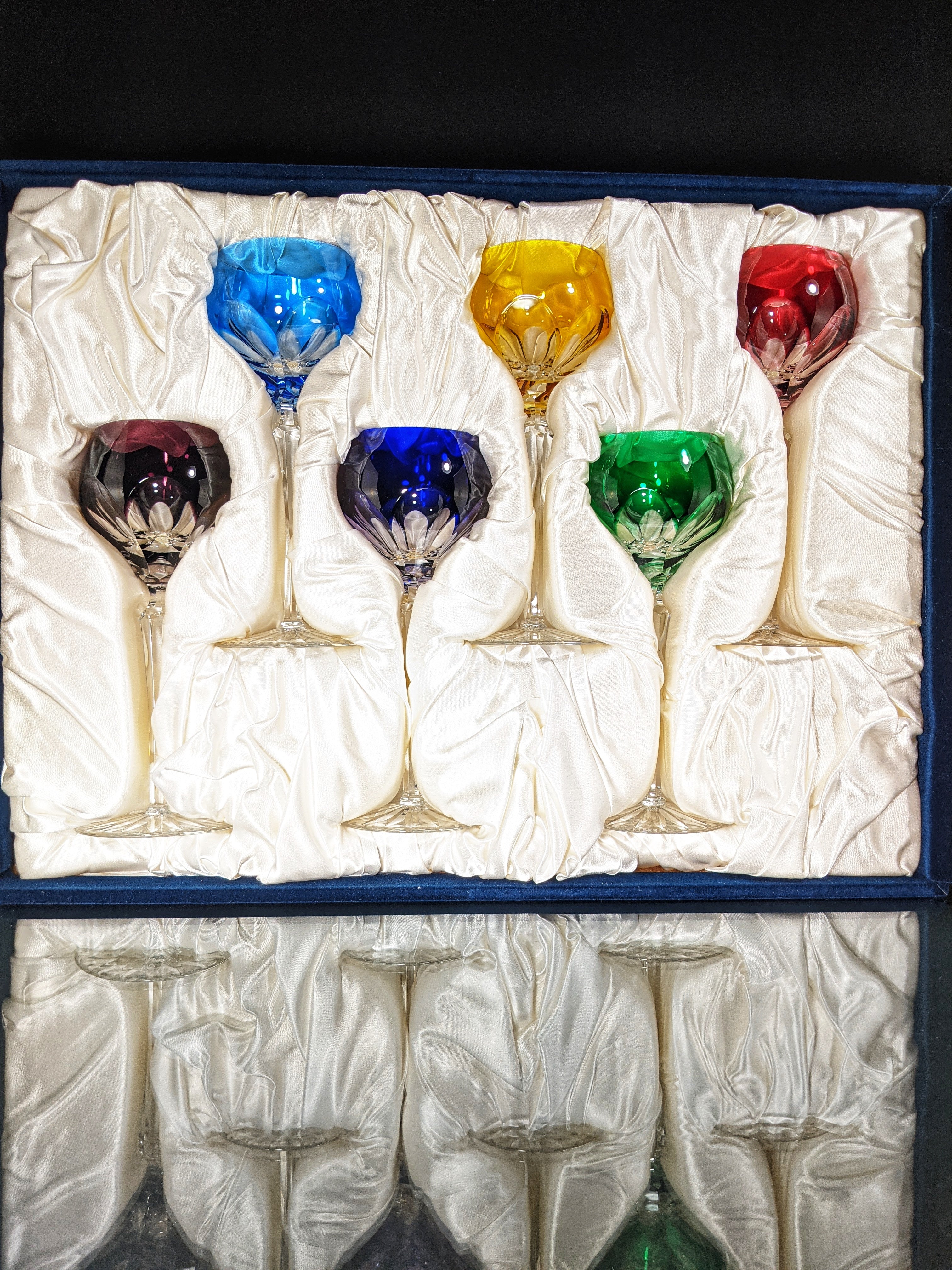 Faberge Colored Crystal Lausanne Hock Glasses. 8 1/2" H x 3 1/4" W