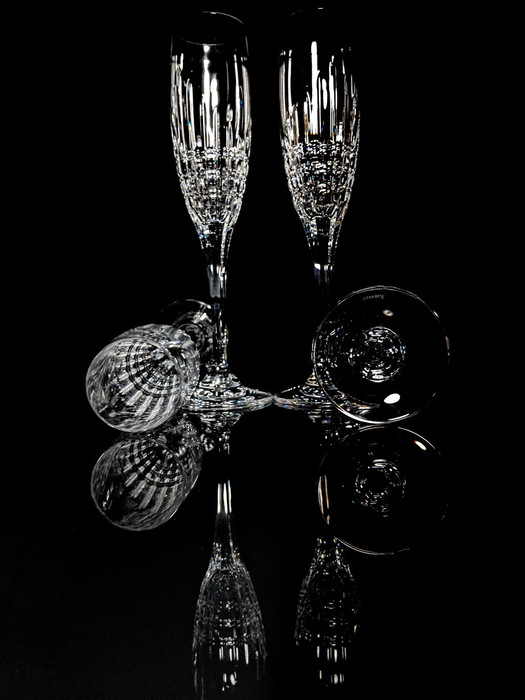 Faberge Crown Clear Cut Crystal Champagne Flutes Set of 6 NIB