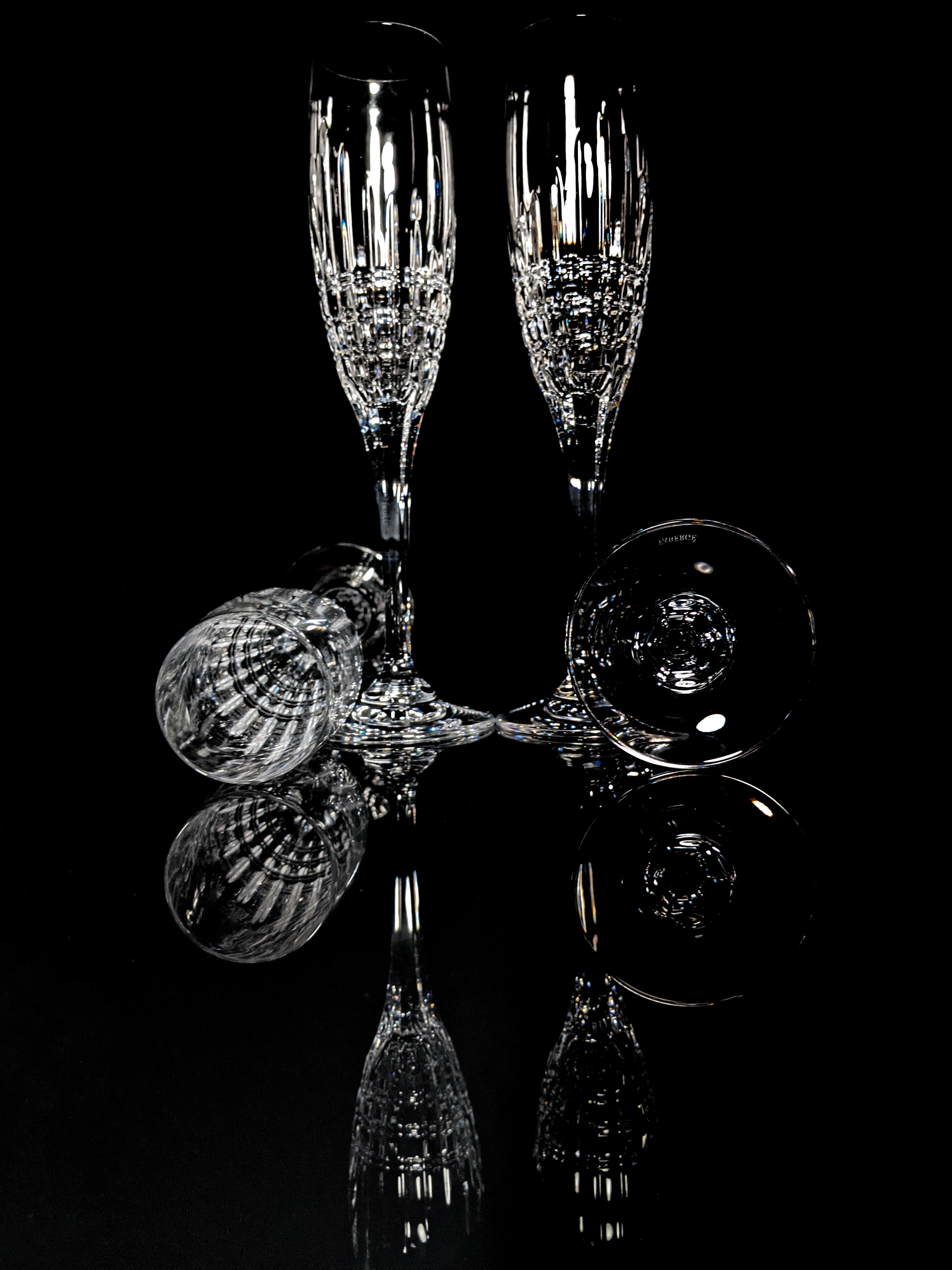 Faberge Crown Clear Cut Crystal Champagne Flutes Set of 6 NIB