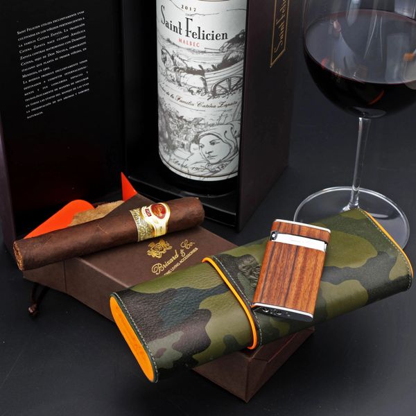 Brizard and Co. The "Show Band" 3 Cigar Case - Camouflage and Orange Leather