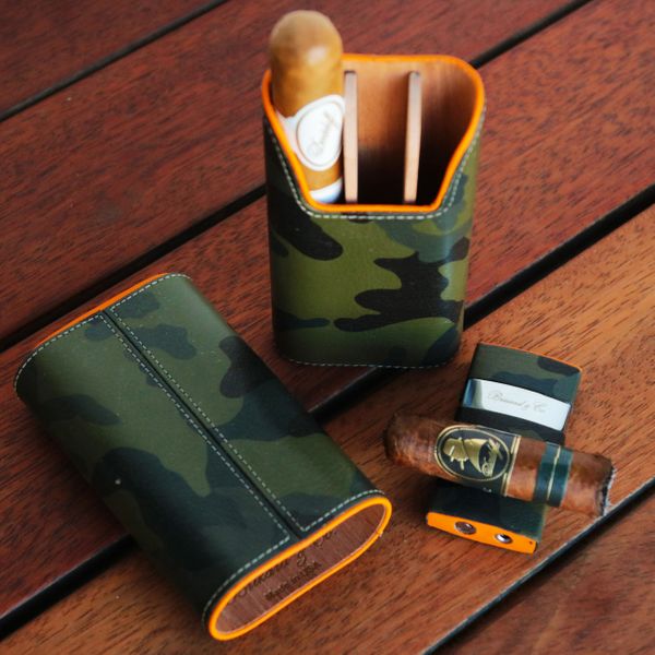 Brizard and Co. The "Show Band" 3 Cigar Case - Camouflage and Orange Leather