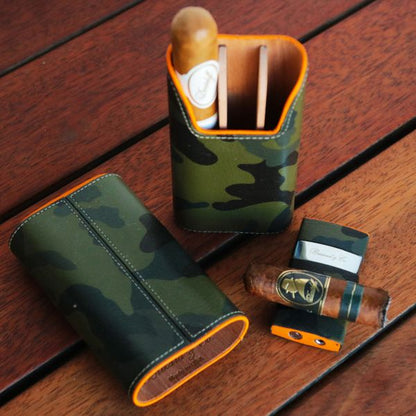 Brizard and Co. The "Show Band" 3 Cigar Case - Camouflage and Orange Leather