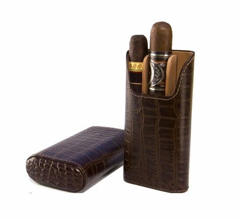 Brizard and Co. The "Show Band" 3 Cigar Case - Croco Pattern Tobacco