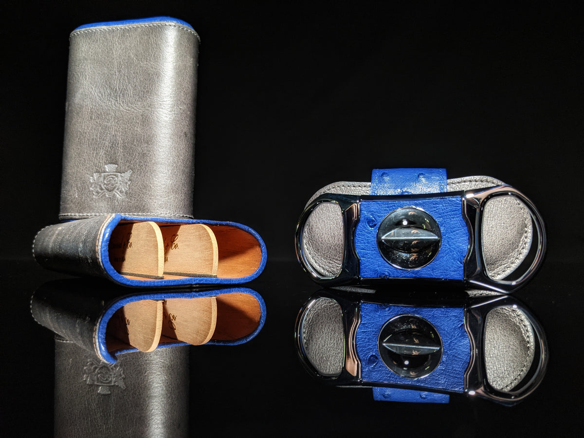 Brizard and Co. Blue Ostrich and Gray Leather Cigar Case and V-Cutter