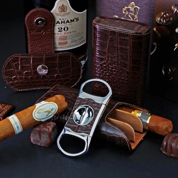 Brizard and Co. The "Show Band" 3 Cigar Case - Croco Pattern Tobacco