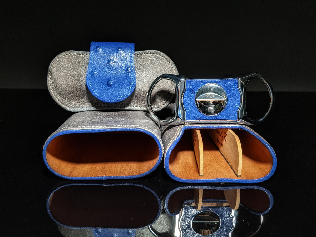 Brizard and Co. Blue Ostrich and Gray Leather Cigar Case and V-Cutter
