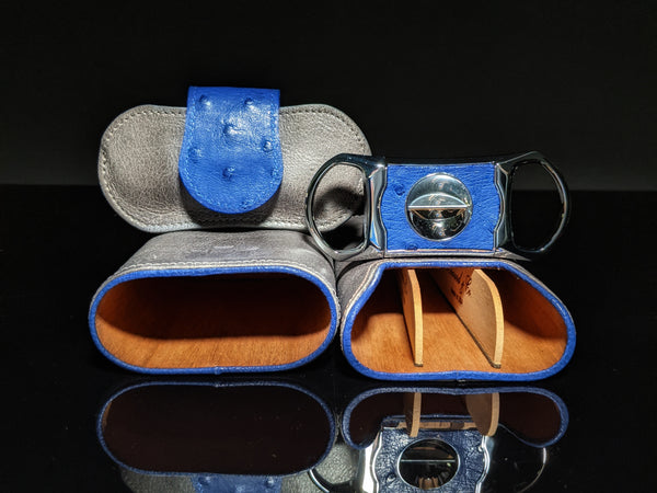 Brizard and Co. Blue Ostrich and Gray Leather Cigar Case and V-Cutter