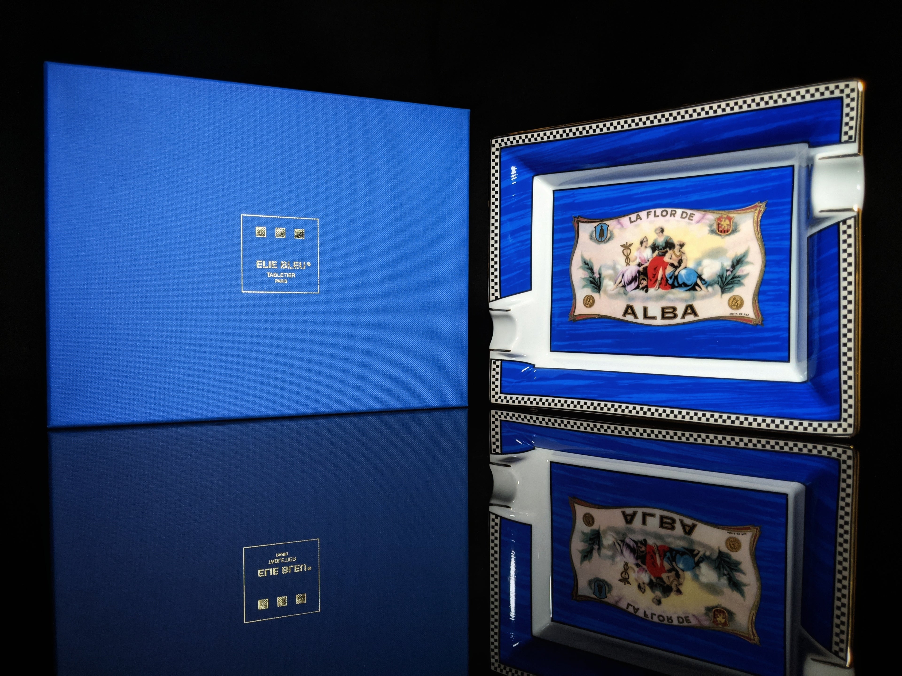 Elie Bleu Alba Porcelain Blue Ashtray with Gold Plated Rests NIB