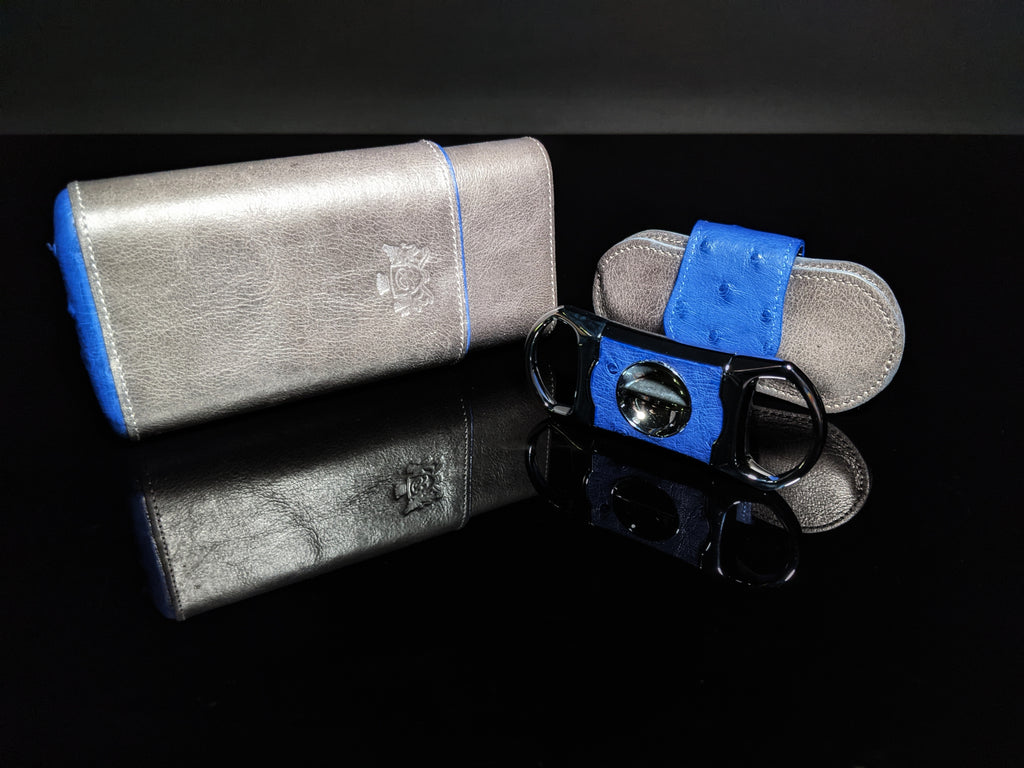 Brizard and Co. Blue Ostrich and Gray Leather Cigar Case and V-Cutter