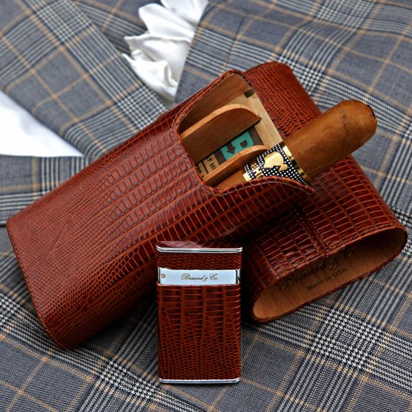Brizard and Co. The "Show Band" 3 Cigar Case - Lizard Pattern Havana