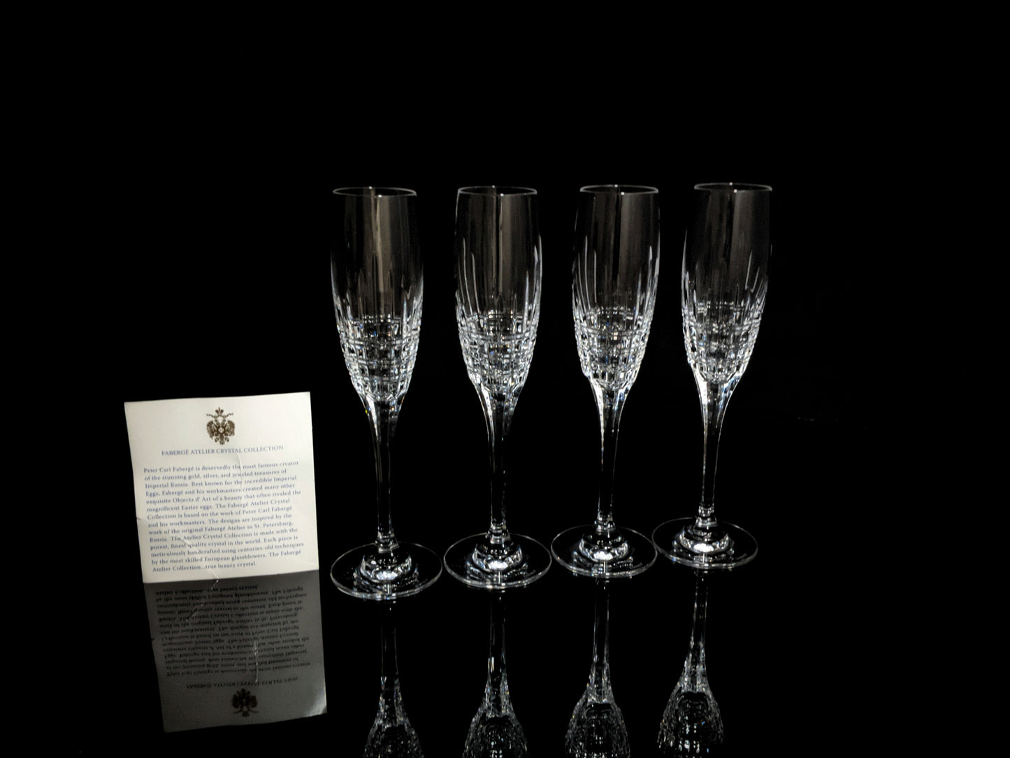 Faberge Crown Clear Cut Crystal Champagne Flutes Set of 6 NIB