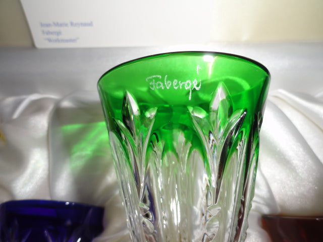 Faberge Palais Royal Colored Crystal Cordial Glasses Signed by Tatiana Faberge set of 4 NIB