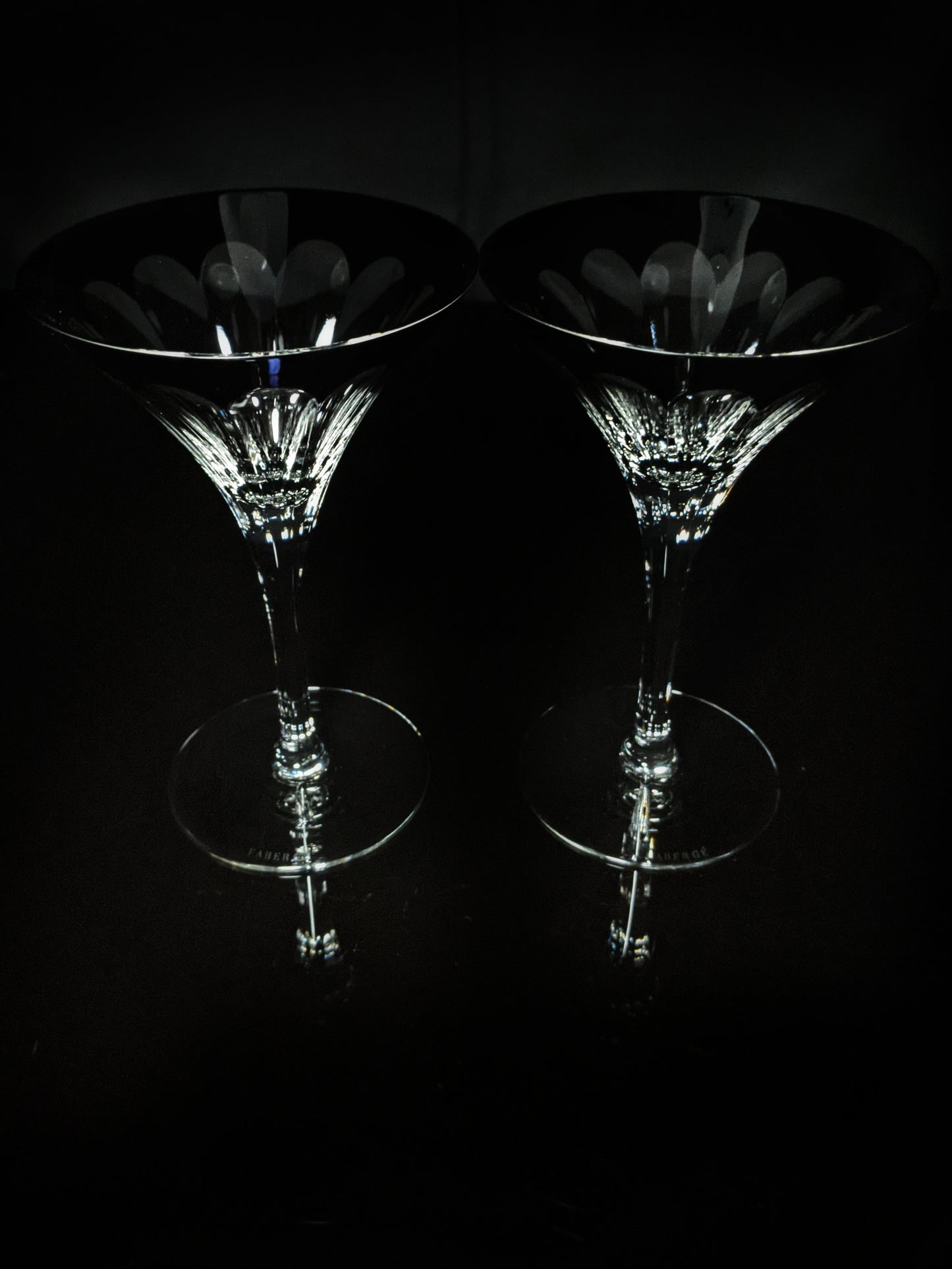 Faberge Martini Black Crystal Glasses set of 2 with the  original Faberge presentation case