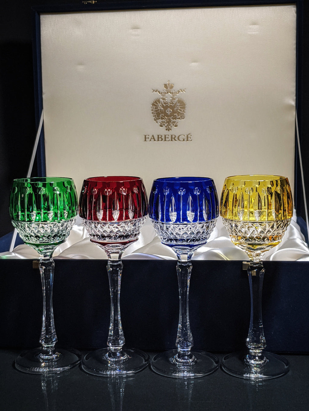 Fabergé Xenia Imperial Cased Cut to Clear Crystal Goblets — Signed