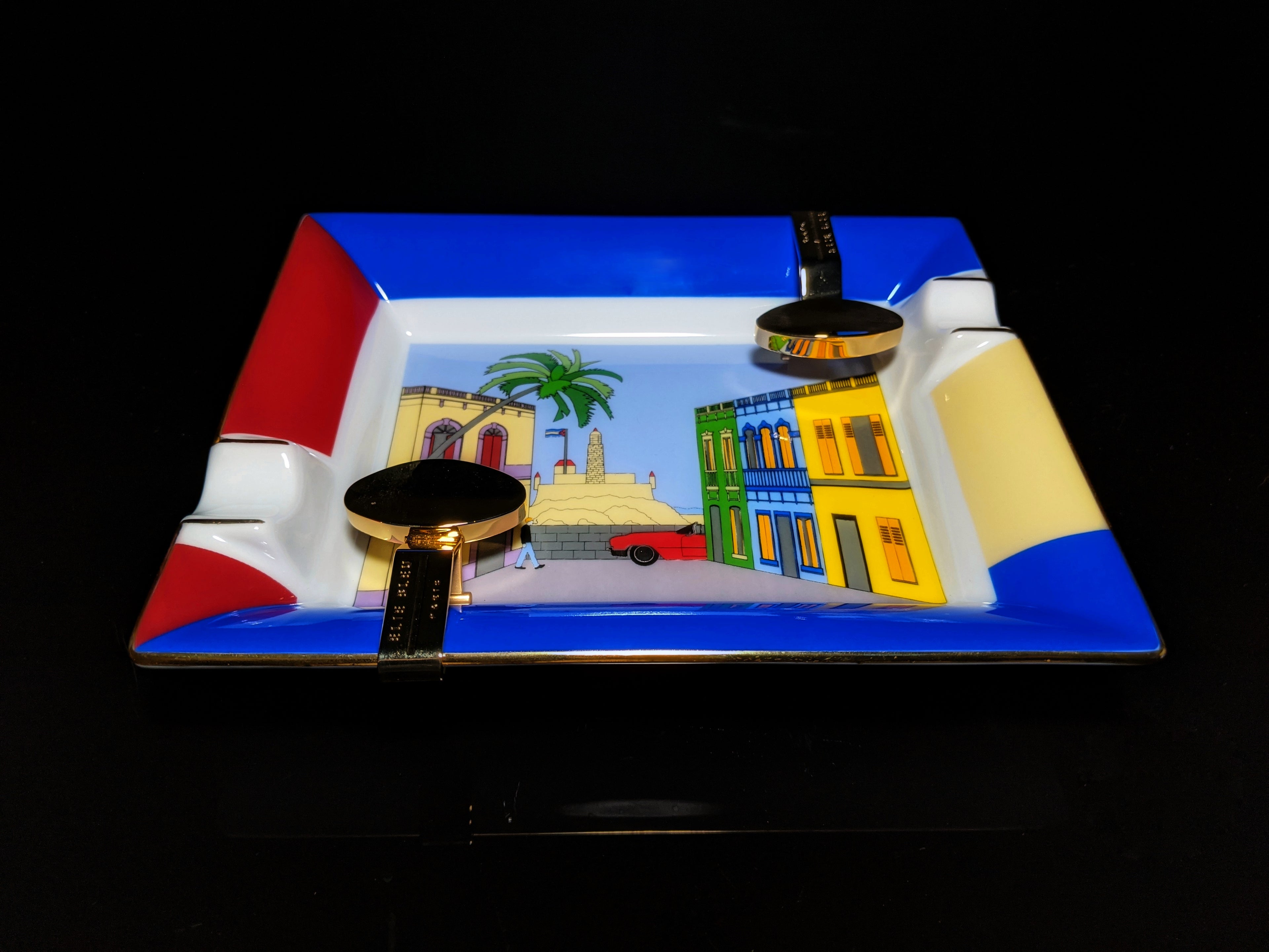 Elie Bleu Casa Collection Porcelain Ashtray with Gold Plated rests
