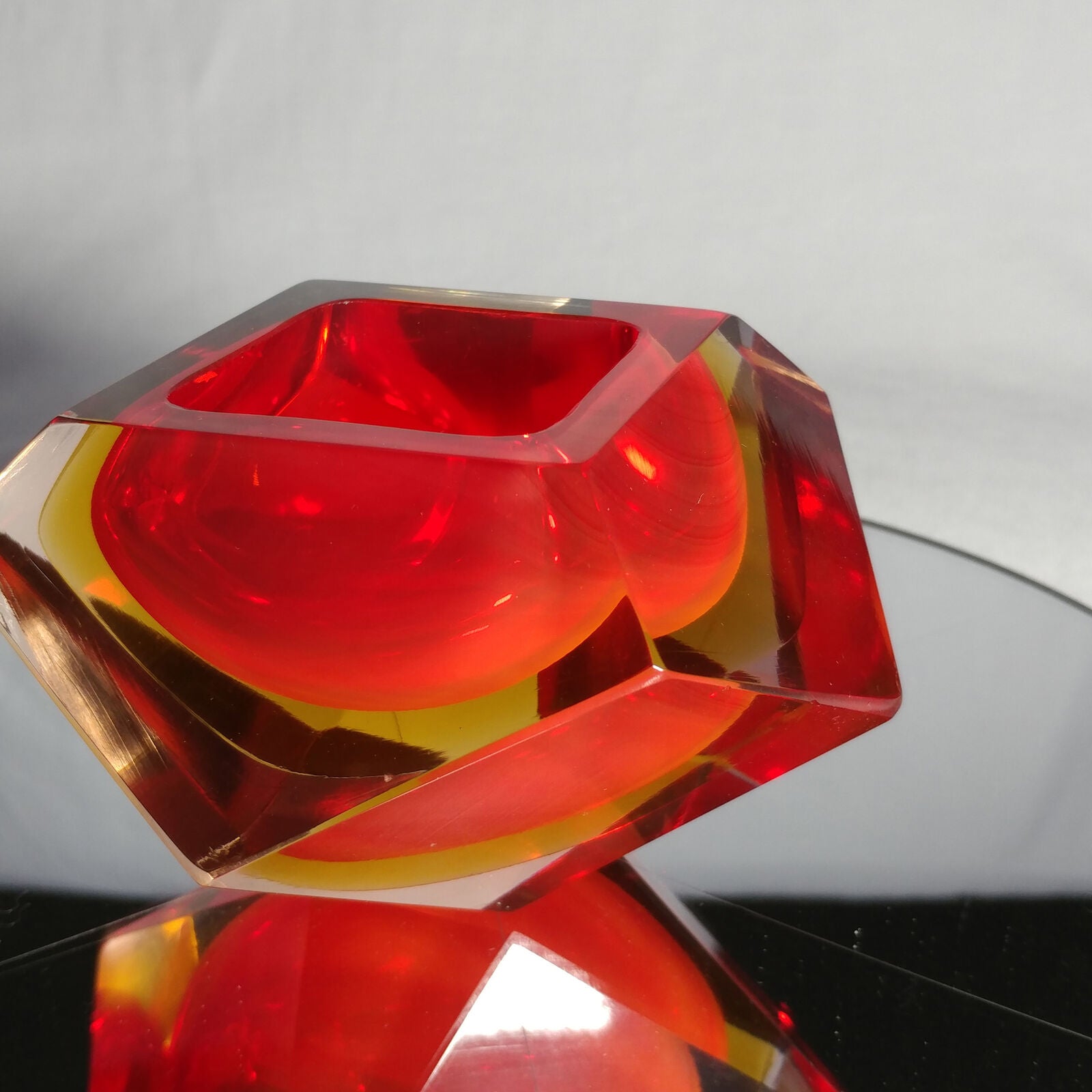 Sommerso Murano | Flavio Poli Yellow & Red Faceted Glass Ashtray | Italy 1950s