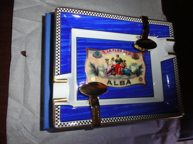 Elie Bleu Alba Porcelain Blue Ashtray with Gold Plated Rests